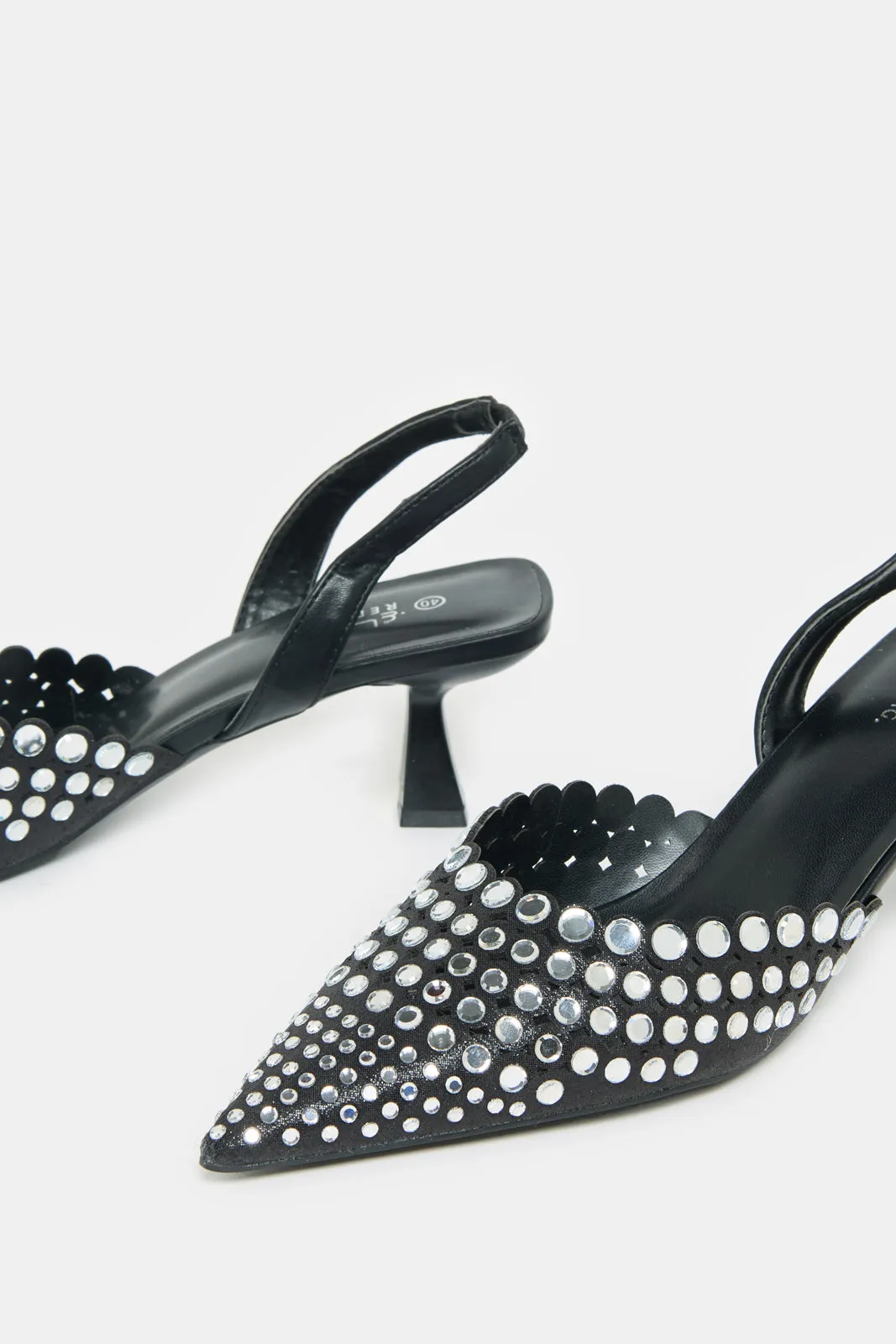 Women Black Slingback  Mule With Rhinestones