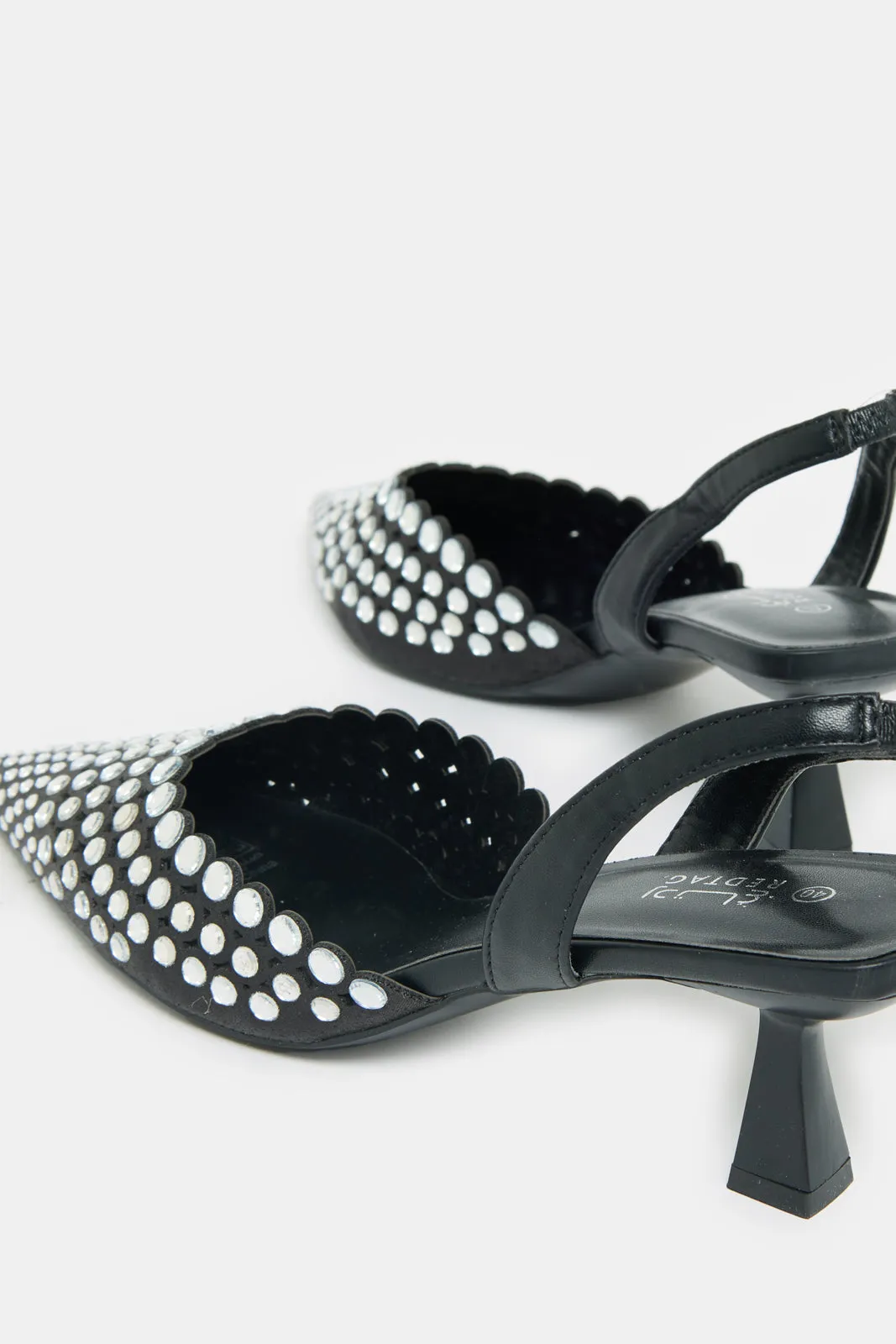 Women Black Slingback  Mule With Rhinestones
