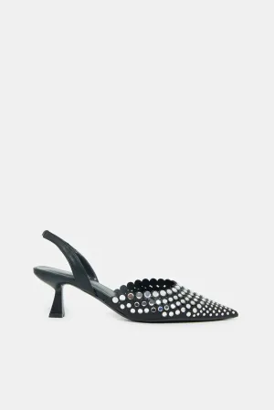 Women Black Slingback  Mule With Rhinestones