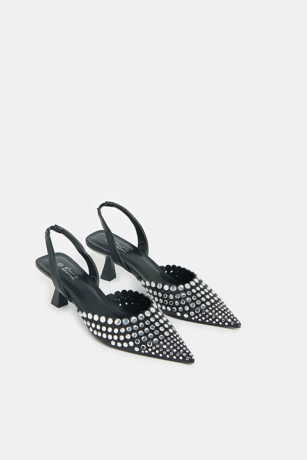 Women Black Slingback  Mule With Rhinestones