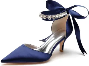Women Crystals Satin Ribbon Tie Wedding Shoes Pointed Toe Prom Formal Party Dress Pumps Kitten Heel Bridal Shoes