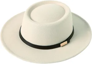 Women Men Wool Fedora Hat, Classic Vintage Wide Brim Flat Top Hat Warm Jazz Panama Hat with Belt