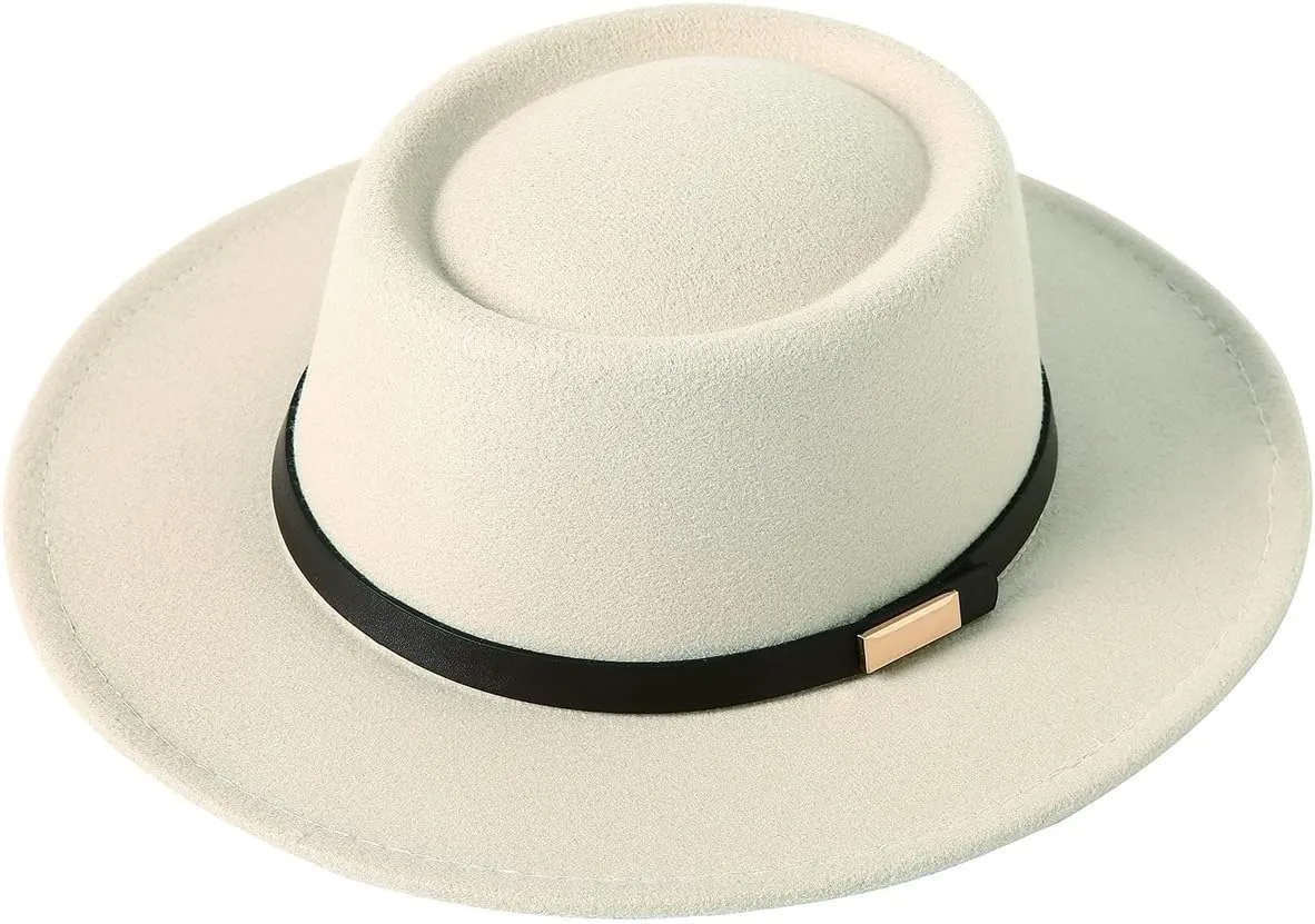Women Men Wool Fedora Hat, Classic Vintage Wide Brim Flat Top Hat Warm Jazz Panama Hat with Belt