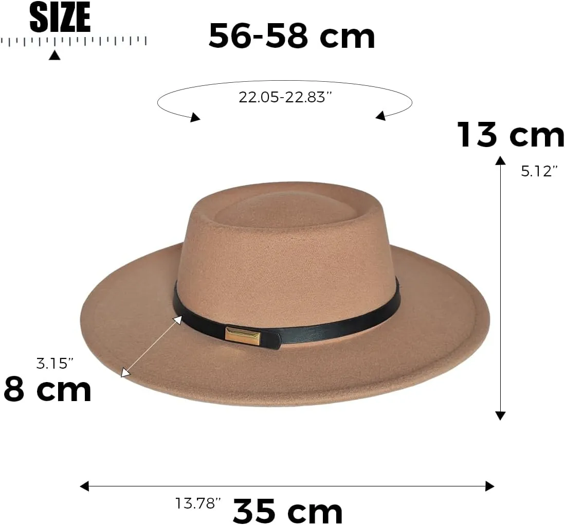 Women Men Wool Fedora Hat, Classic Vintage Wide Brim Flat Top Hat Warm Jazz Panama Hat with Belt