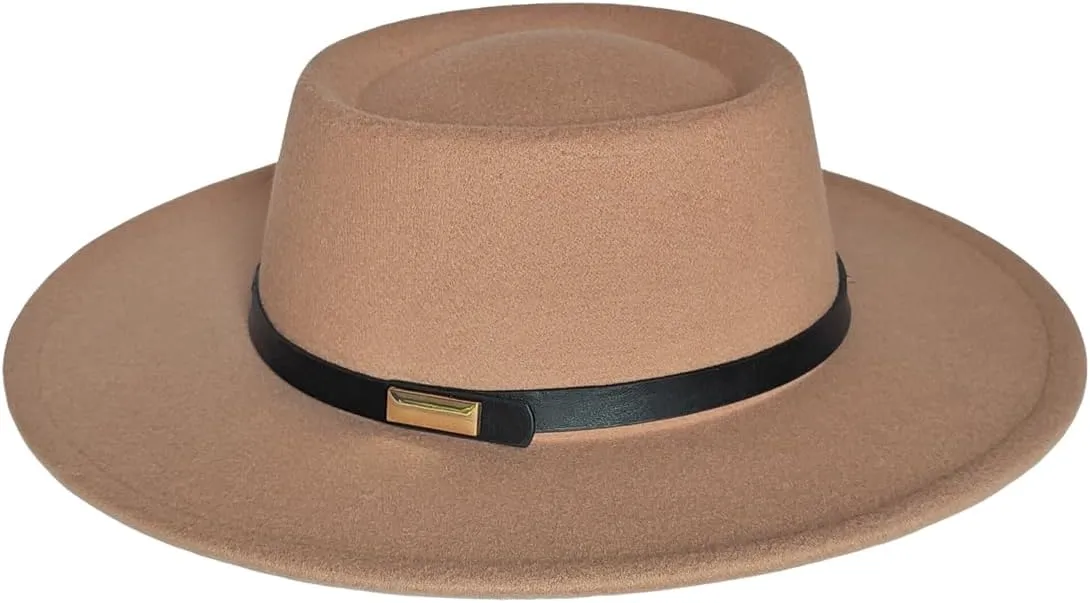 Women Men Wool Fedora Hat, Classic Vintage Wide Brim Flat Top Hat Warm Jazz Panama Hat with Belt
