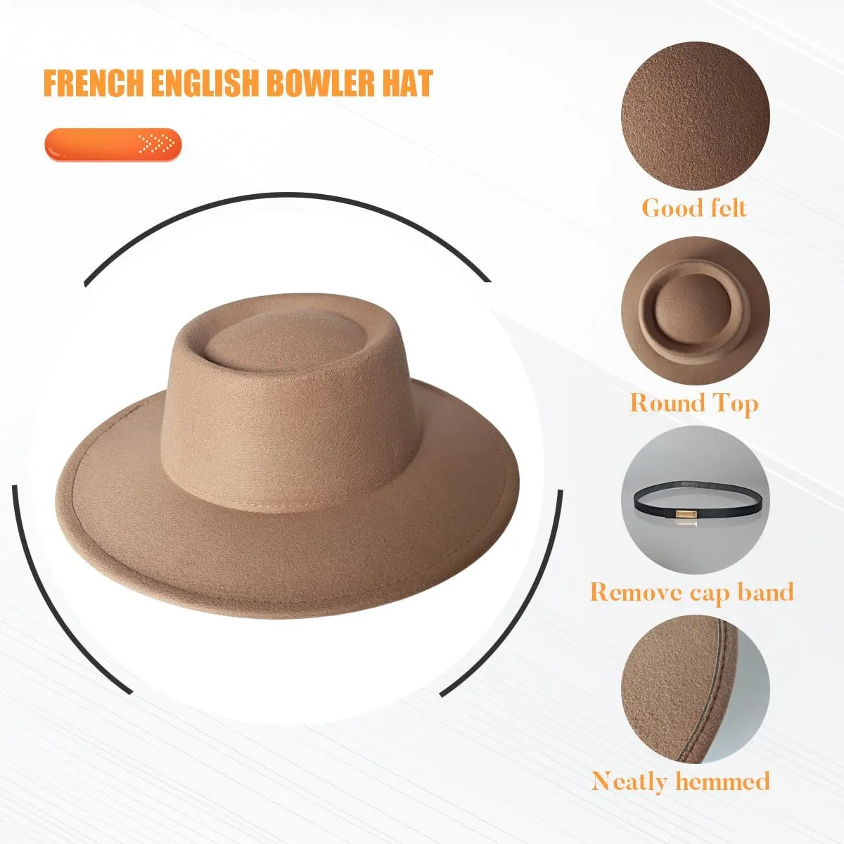 Women Men Wool Fedora Hat, Classic Vintage Wide Brim Flat Top Hat Warm Jazz Panama Hat with Belt