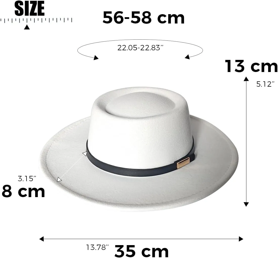 Women Men Wool Fedora Hat, Classic Vintage Wide Brim Flat Top Hat Warm Jazz Panama Hat with Belt
