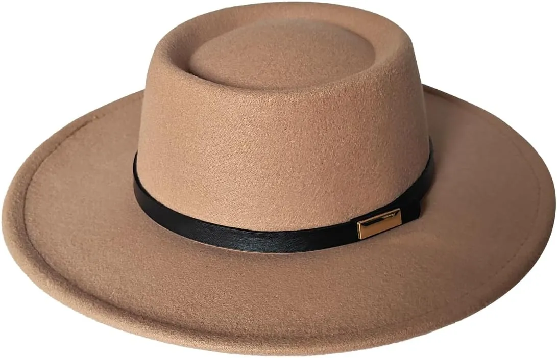 Women Men Wool Fedora Hat, Classic Vintage Wide Brim Flat Top Hat Warm Jazz Panama Hat with Belt