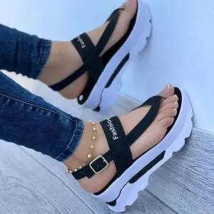 Women Platform Wedge Open Toe Sandals,Fashion Sole Buckle Flip Flops,Casual Athletic Print Adjusting Buckle Platform Heel Sandals (Color : Black, Size : US 9/EU 40)