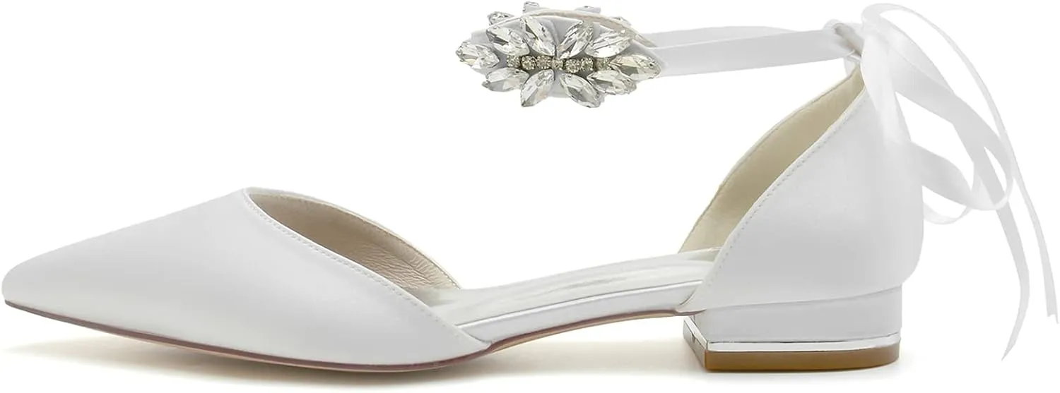 Women Satin Wedding Shoes for Bride Flats Pointed Toe Crystals Party Dress Bridesmaid Shoes