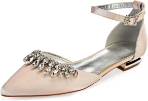 Women Satin Wedding Shoes for Bride Flats Pointed Toe Crystals Party Dress Bridesmaid Shoes