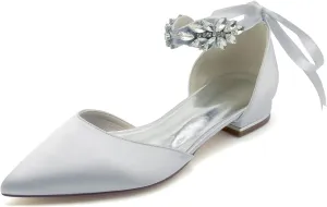 Women Satin Wedding Shoes for Bride Flats Pointed Toe Crystals Party Dress Bridesmaid Shoes