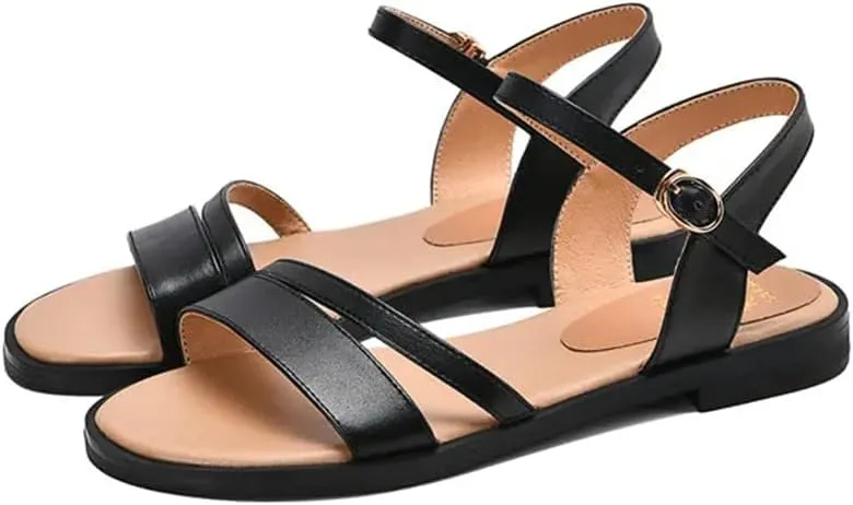 Womens Buckle Strap Front Rear Strap Flat Heel Open Side Vamp Basic Sandals Leather Solid Color Casual