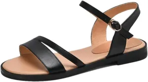 Womens Buckle Strap Front Rear Strap Flat Heel Open Side Vamp Basic Sandals Leather Solid Color Casual