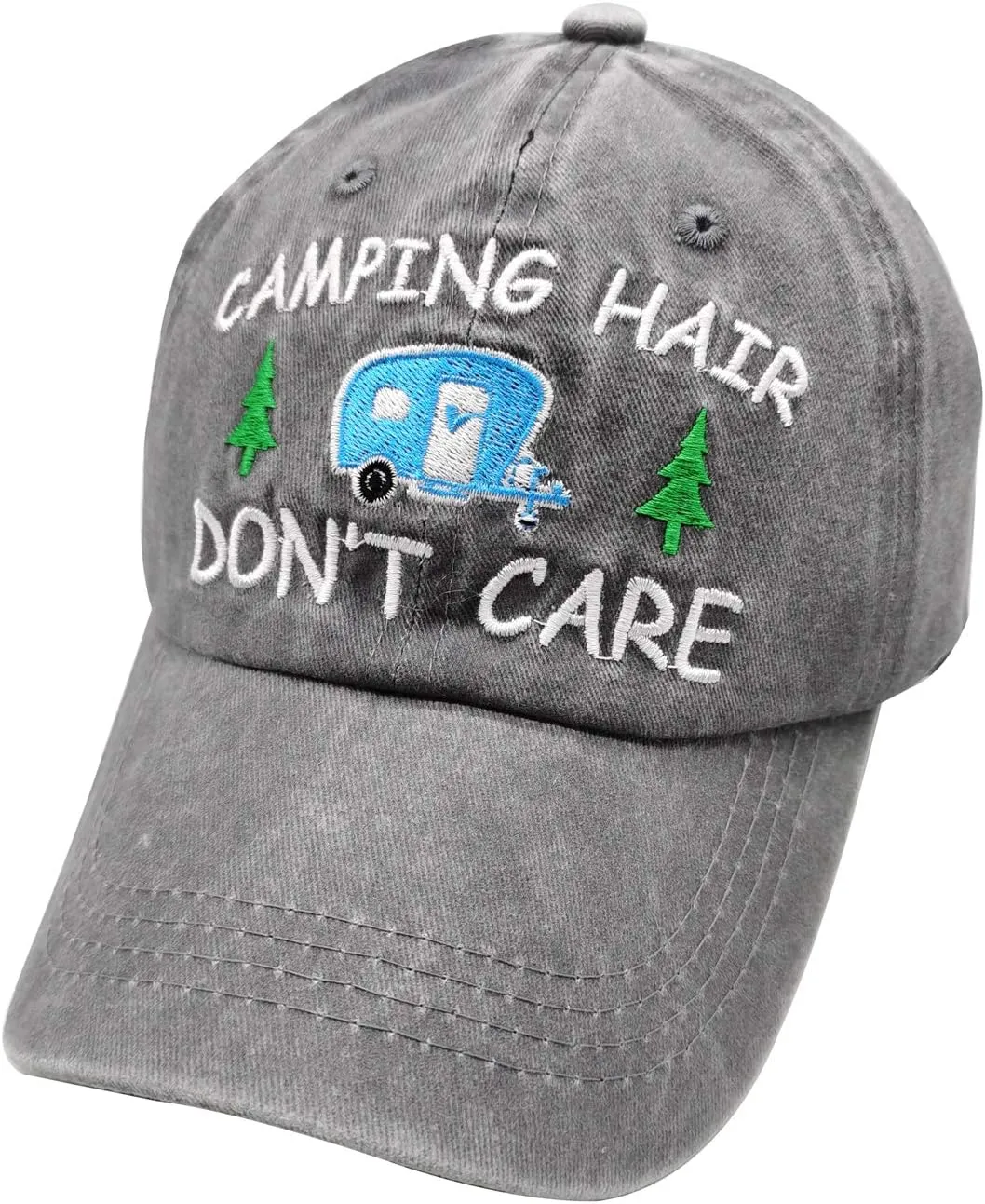Womens Camping Hair Don't Care Hat, Embroidered Adjustable Washed Camper Baseball Cap Grey