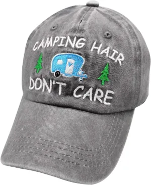Womens Camping Hair Don't Care Hat, Embroidered Adjustable Washed Camper Baseball Cap Grey