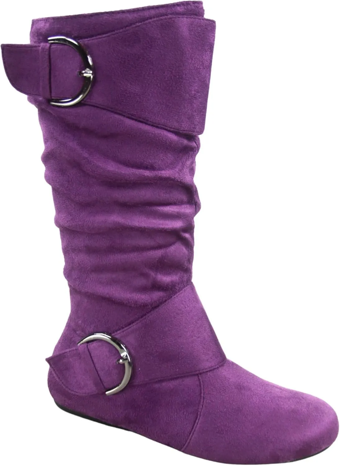 Women's Closed Round Toe Buckle Side Zip Buckle Slouch Flat Heel Mid-Calf Boot