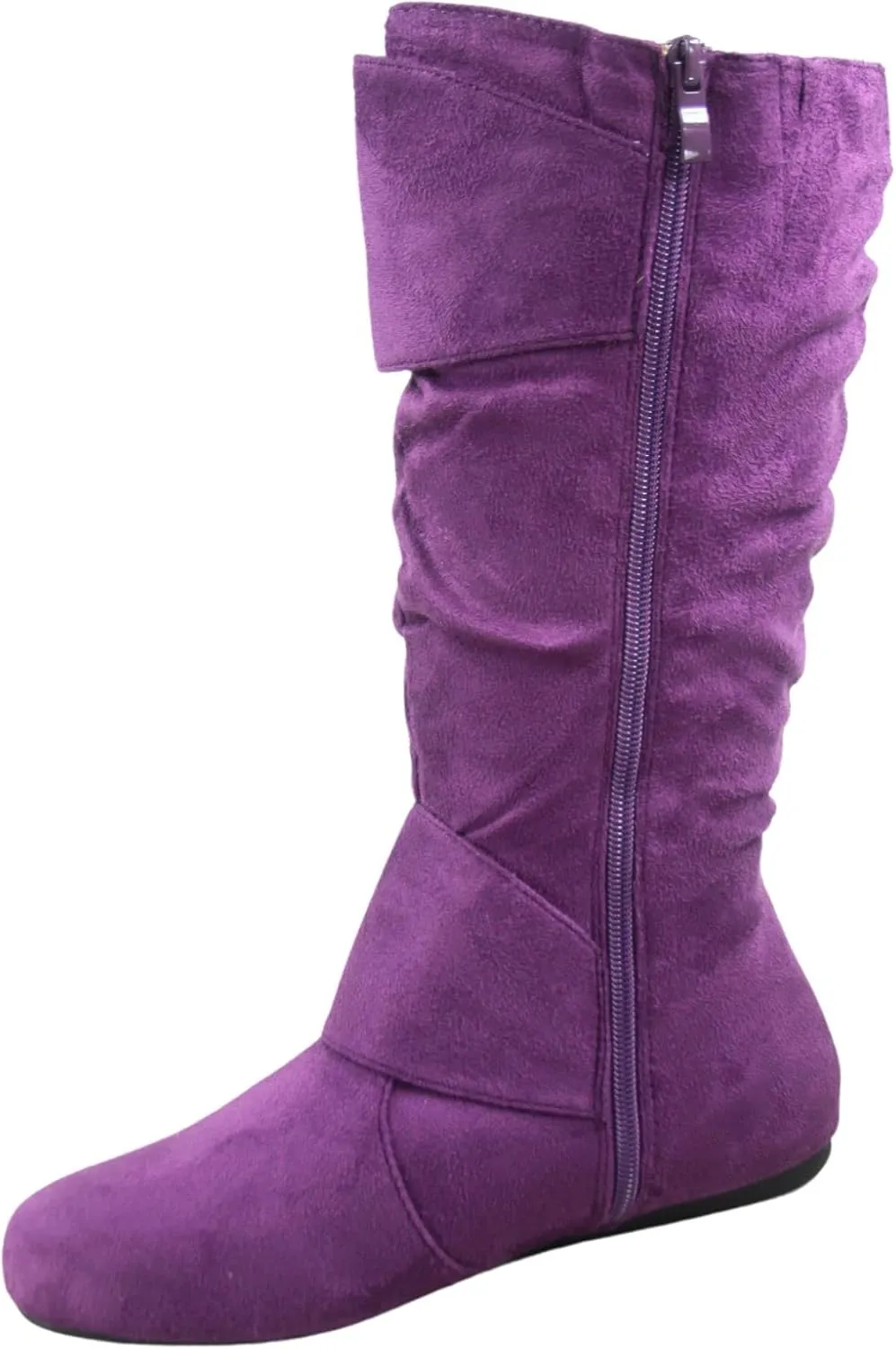 Women's Closed Round Toe Buckle Side Zip Buckle Slouch Flat Heel Mid-Calf Boot