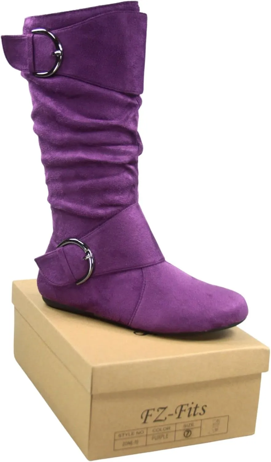 Women's Closed Round Toe Buckle Side Zip Buckle Slouch Flat Heel Mid-Calf Boot