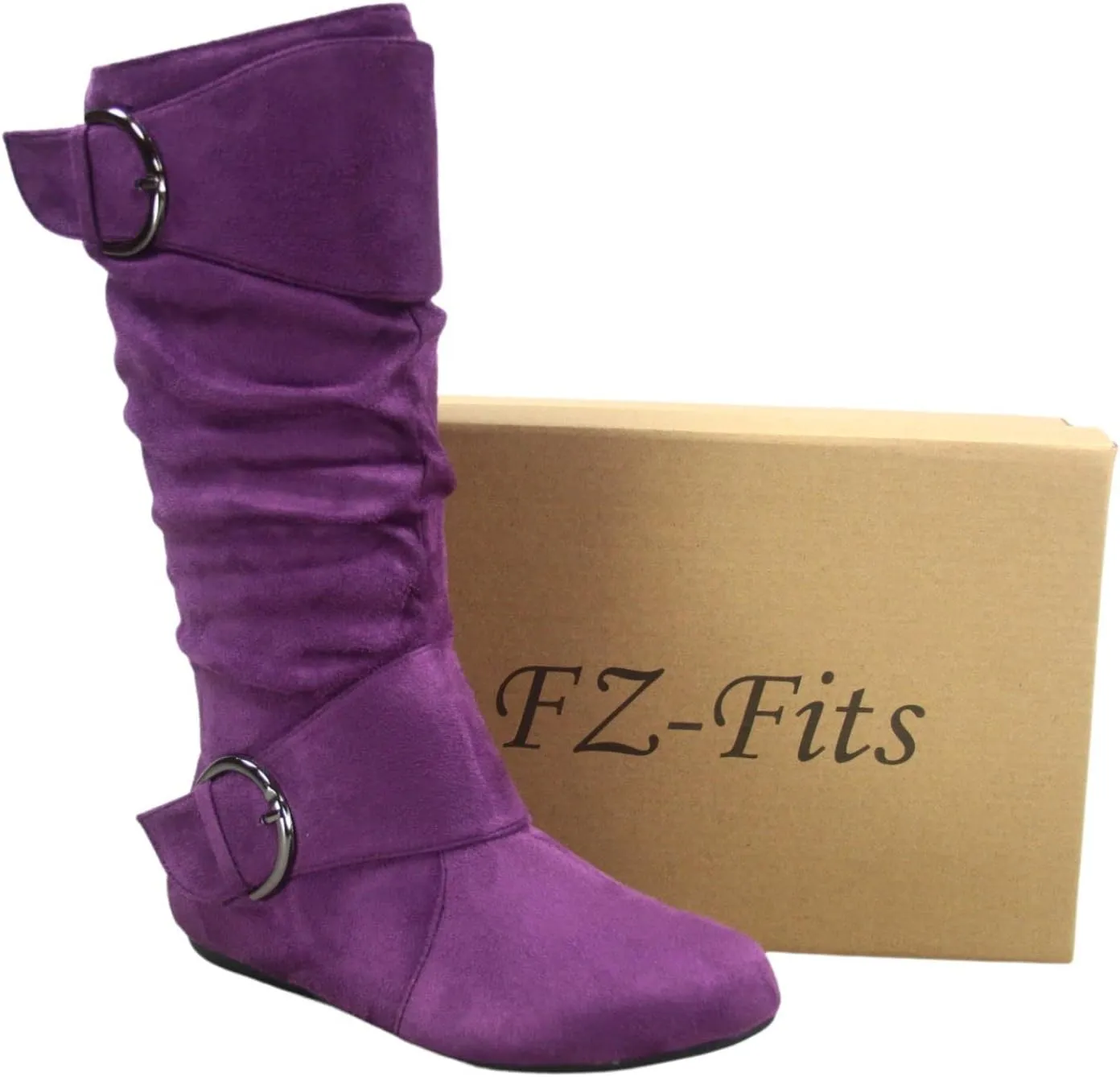 Women's Closed Round Toe Buckle Side Zip Buckle Slouch Flat Heel Mid-Calf Boot