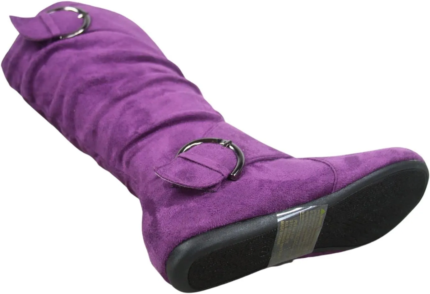 Women's Closed Round Toe Buckle Side Zip Buckle Slouch Flat Heel Mid-Calf Boot