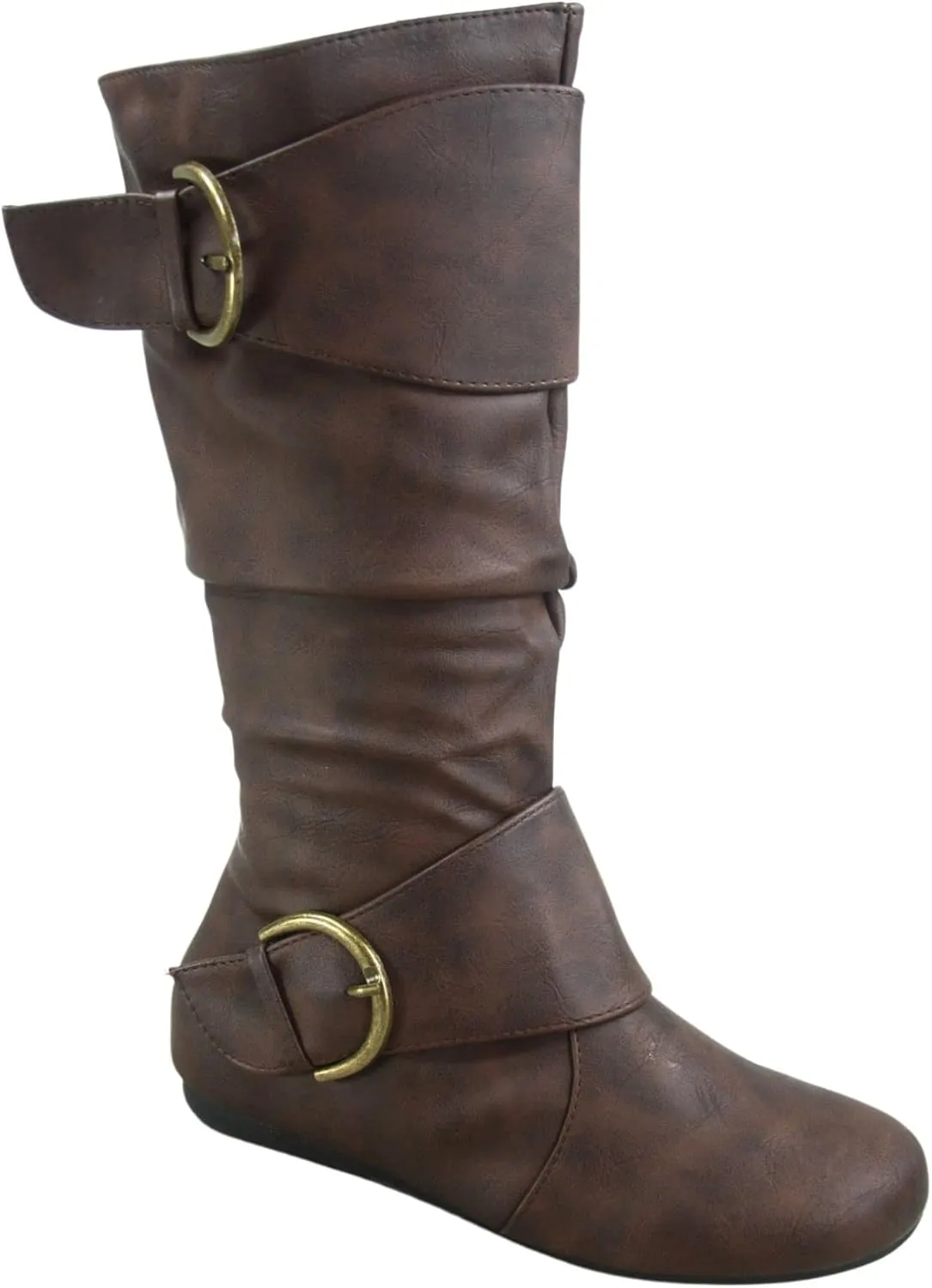 Women's Closed Round Toe Buckle Side Zip Buckle Slouch Flat Heel Mid-Calf Boot