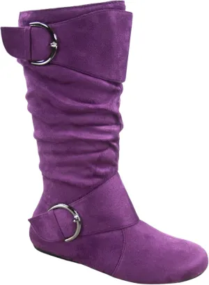 Women's Closed Round Toe Buckle Side Zip Buckle Slouch Flat Heel Mid-Calf Boot