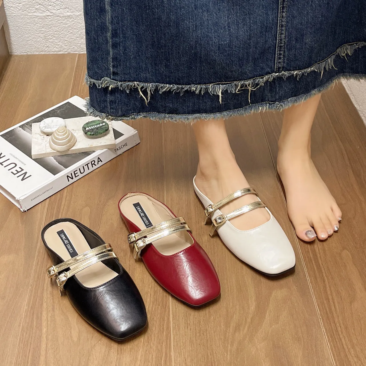 Women's Double Buckle Lazy Flat Slippers