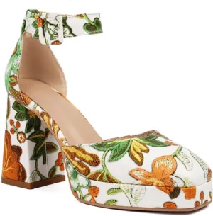 Women's Embroidery Floral Pattern Mary Janes Shoes Round Toe Low Closed Platform Chunky Block Heels Lace Up Retro Ankle Strap Wedding Party Prom Dress Pumps