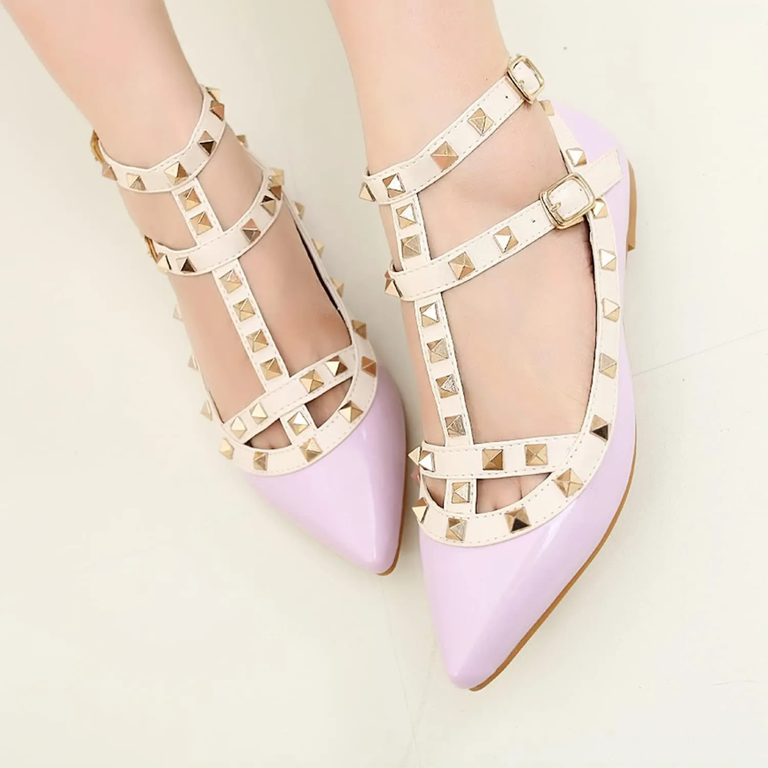 Womens Fashion Stud Flat Shoes Pointed Closed Toe Low Heels Color Block Studded T-Strap Casual Shoes Ankle Strap Buckle Classic Work Flats Office Shoes