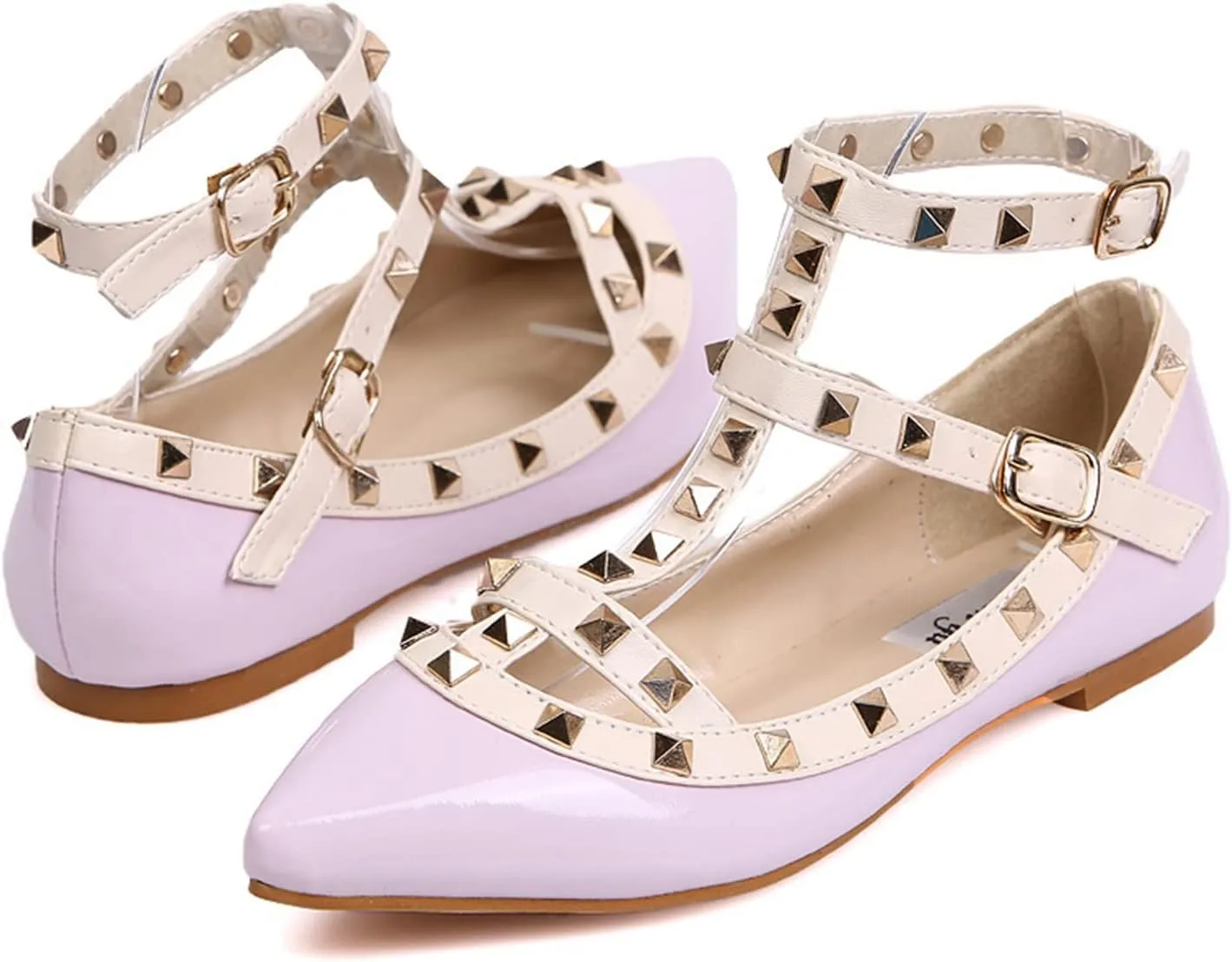 Womens Fashion Stud Flat Shoes Pointed Closed Toe Low Heels Color Block Studded T-Strap Casual Shoes Ankle Strap Buckle Classic Work Flats Office Shoes