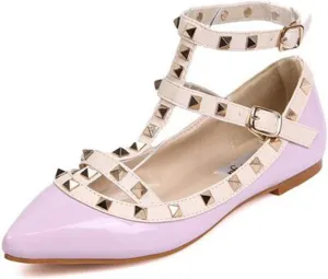 Womens Fashion Stud Flat Shoes Pointed Closed Toe Low Heels Color Block Studded T-Strap Casual Shoes Ankle Strap Buckle Classic Work Flats Office Shoes