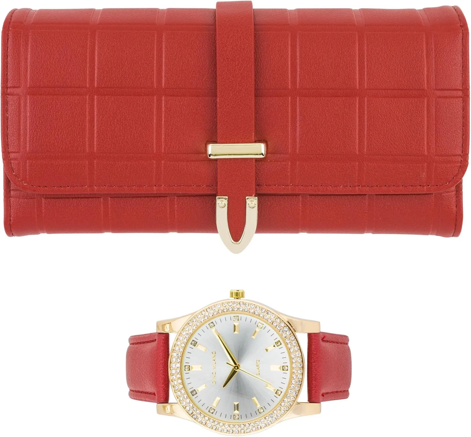 Women's Gold Leather Band Watch & Matching Tri-Fold Wallet Set