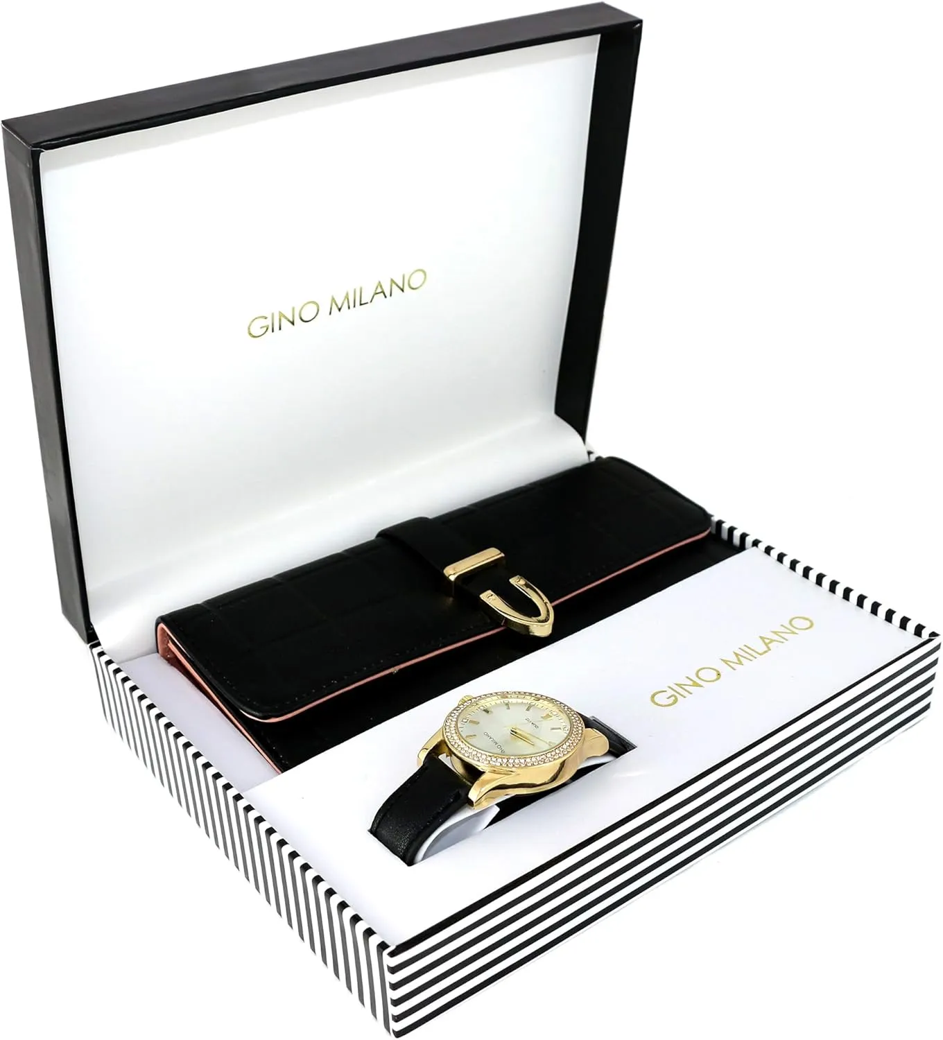 Women's Gold Leather Band Watch & Matching Tri-Fold Wallet Set