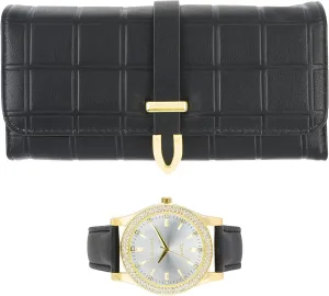 Women's Gold Leather Band Watch & Matching Tri-Fold Wallet Set