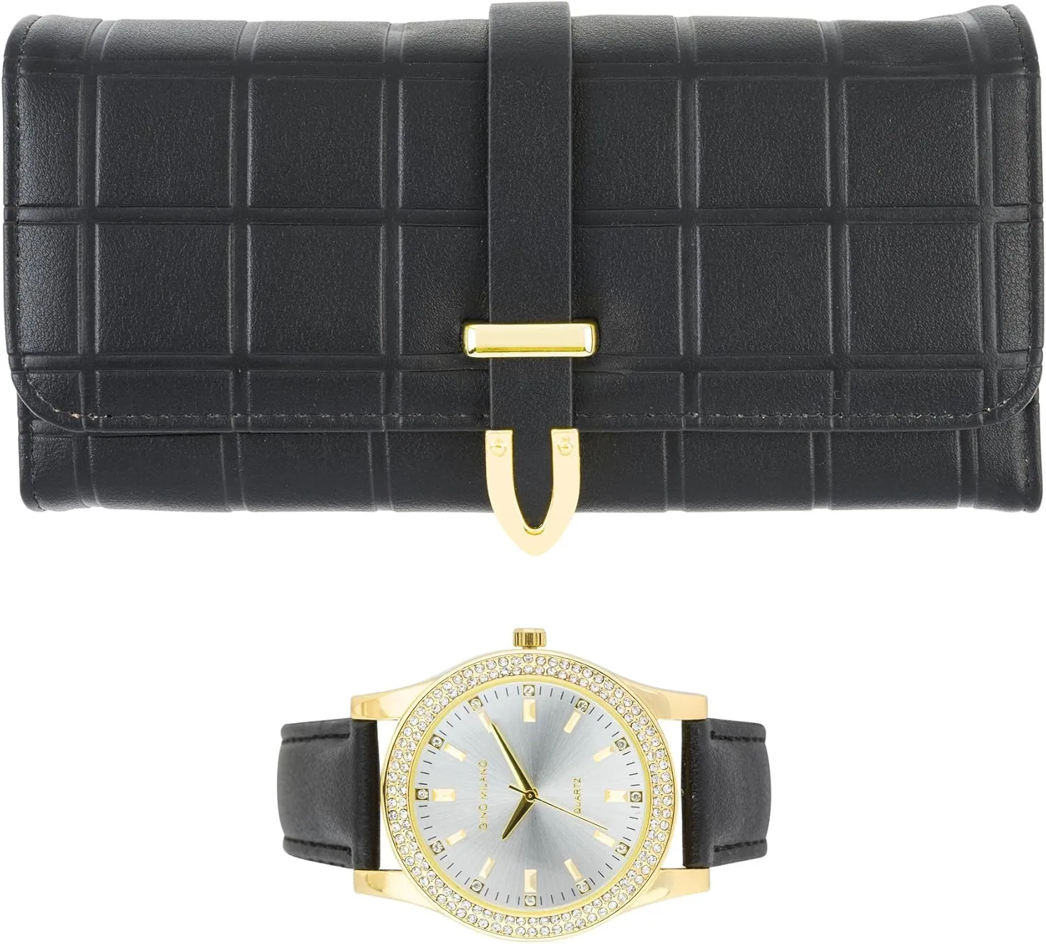 Women's Gold Leather Band Watch & Matching Tri-Fold Wallet Set