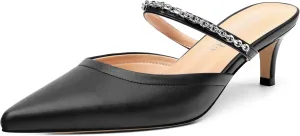 Women's Kitten Heel Pumps, Pointed Toe Open Heel Mule Shoes, Silver Chain Embellished Strap, Dress Slingback Party Heels.