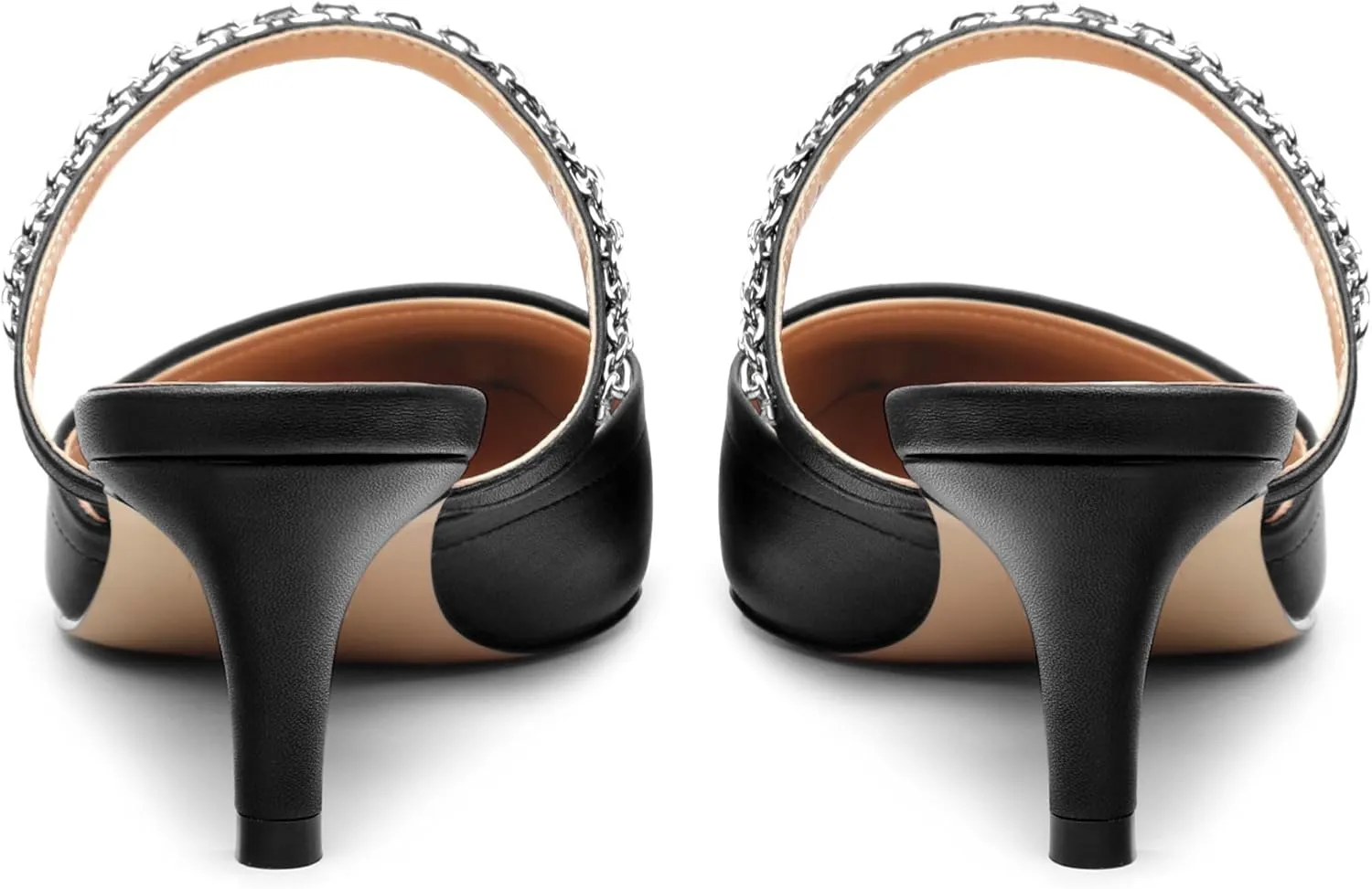 Women's Kitten Heel Pumps, Pointed Toe Open Heel Mule Shoes, Silver Chain Embellished Strap, Dress Slingback Party Heels.