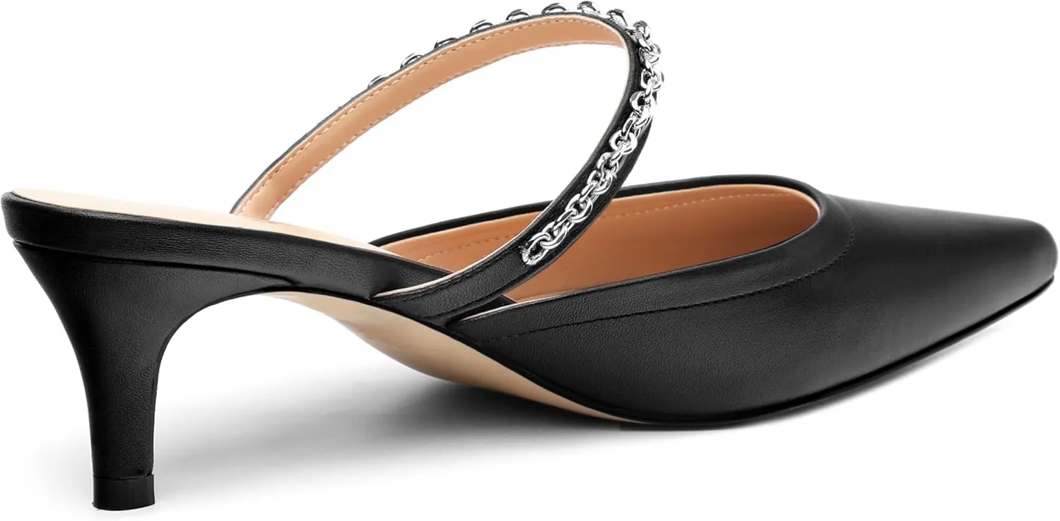 Women's Kitten Heel Pumps, Pointed Toe Open Heel Mule Shoes, Silver Chain Embellished Strap, Dress Slingback Party Heels.