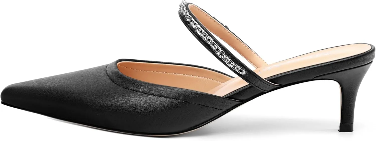 Women's Kitten Heel Pumps, Pointed Toe Open Heel Mule Shoes, Silver Chain Embellished Strap, Dress Slingback Party Heels.