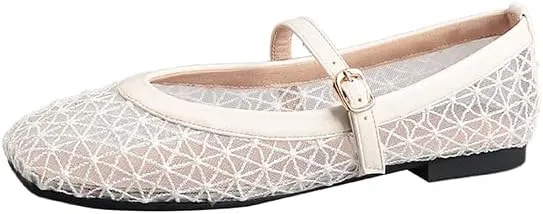 Women's Lace Mesh Mary Jane Flats, Geometric Pattern, Black and Beige, Buckle Strap