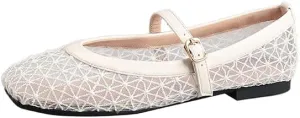 Women's Lace Mesh Mary Jane Flats, Geometric Pattern, Black and Beige, Buckle Strap