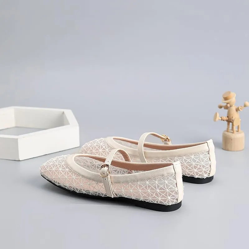 Women's Lace Mesh Mary Jane Flats, Geometric Pattern, Black and Beige, Buckle Strap