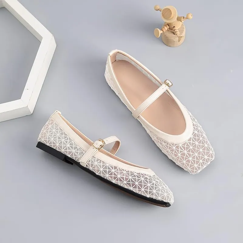 Women's Lace Mesh Mary Jane Flats, Geometric Pattern, Black and Beige, Buckle Strap