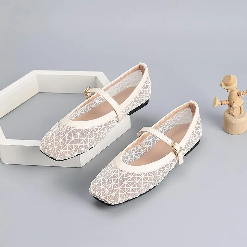 Women's Lace Mesh Mary Jane Flats, Geometric Pattern, Black and Beige, Buckle Strap