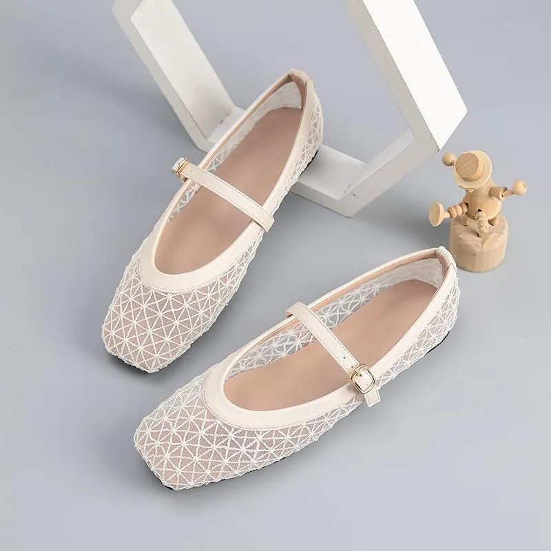 Women's Lace Mesh Mary Jane Flats, Geometric Pattern, Black and Beige, Buckle Strap
