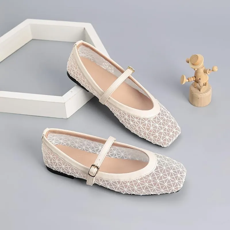 Women's Lace Mesh Mary Jane Flats, Geometric Pattern, Black and Beige, Buckle Strap