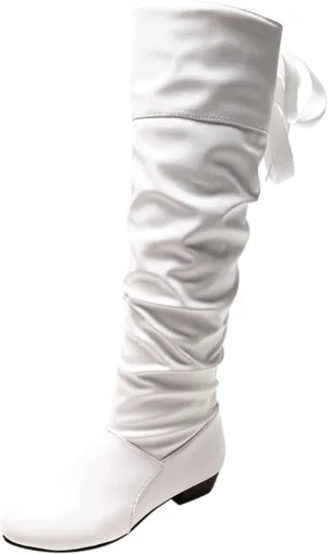 Womens Lace Tie Boots Bow Pleated Thick Warm Knee High Boots Winter Soft Leather Low Heels Slouch Party Dress Booties