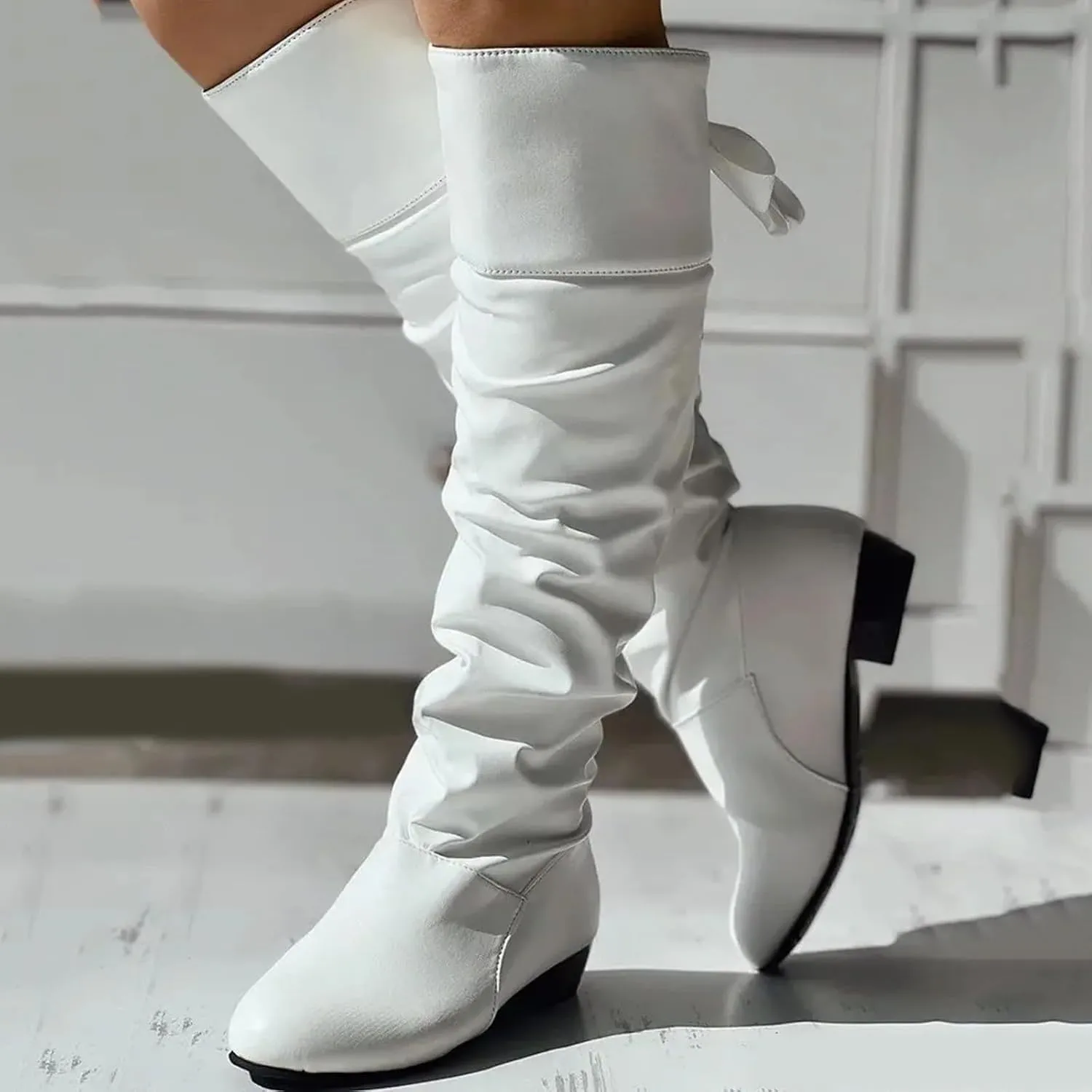 Womens Lace Tie Boots Bow Pleated Thick Warm Knee High Boots Winter Soft Leather Low Heels Slouch Party Dress Booties