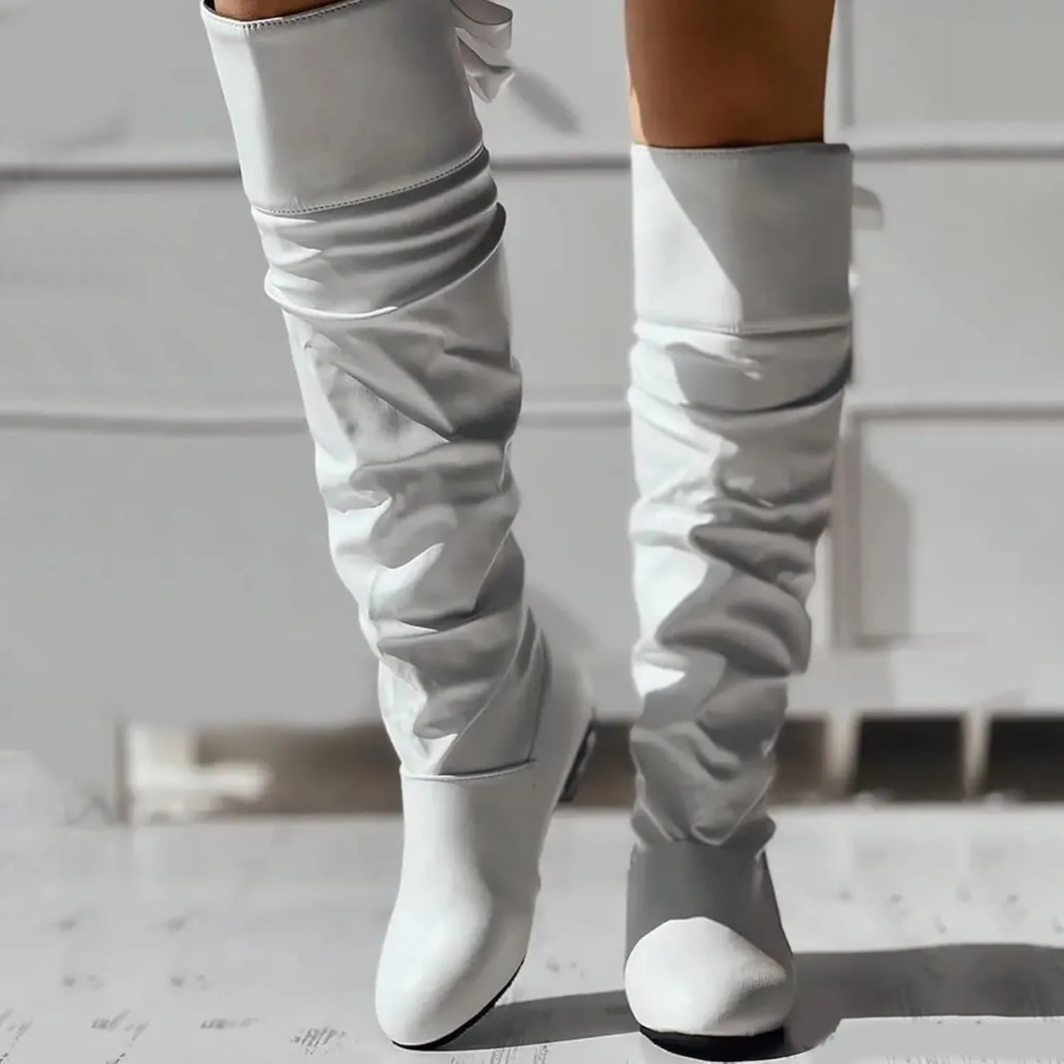 Womens Lace Tie Boots Bow Pleated Thick Warm Knee High Boots Winter Soft Leather Low Heels Slouch Party Dress Booties